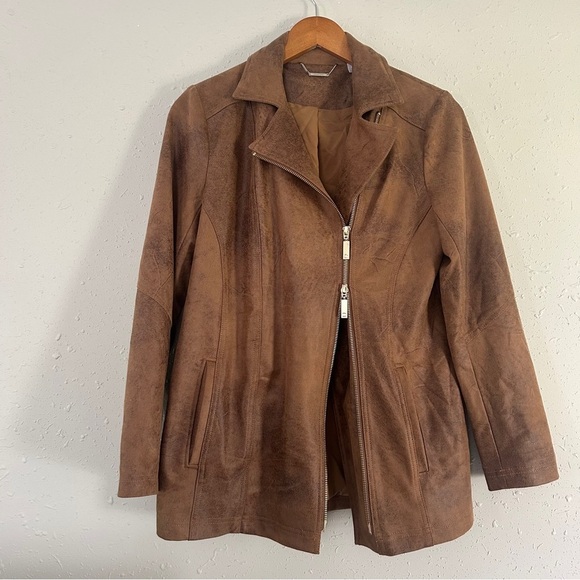 Chicos Brown Zippered Pocketed Faux Leather Suede Lined Motorcycle Jacket 4 6 - Picture 4 of 12